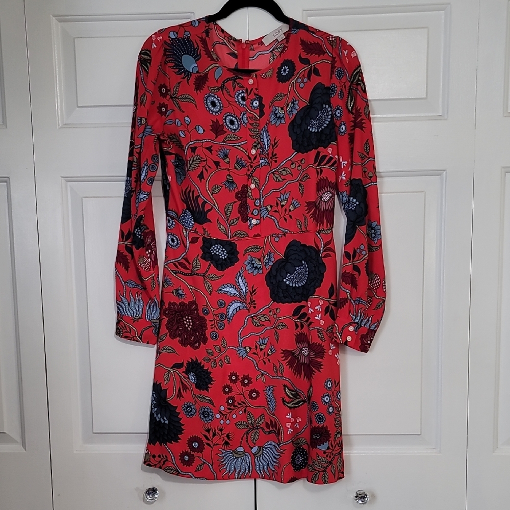 LOFT Orange Floral Long Sleeve Dress